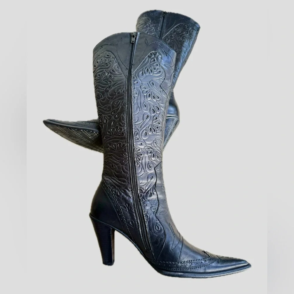 Genuine Leather Embroidered Black Tall Boots – Statement Heels - Picture 8 of 17